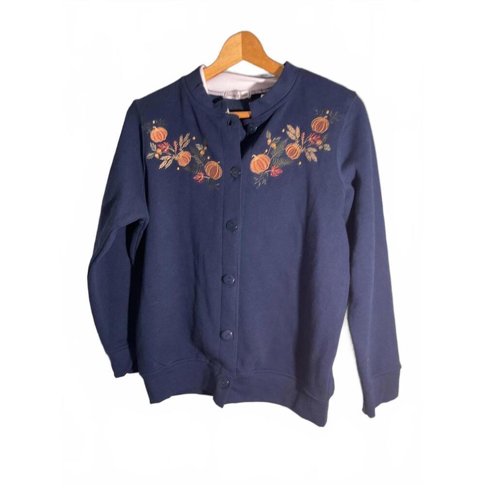 Bonnie Evans Navy Blue Button-Up Sweater with Embroidered Pumpkin  Petite Small